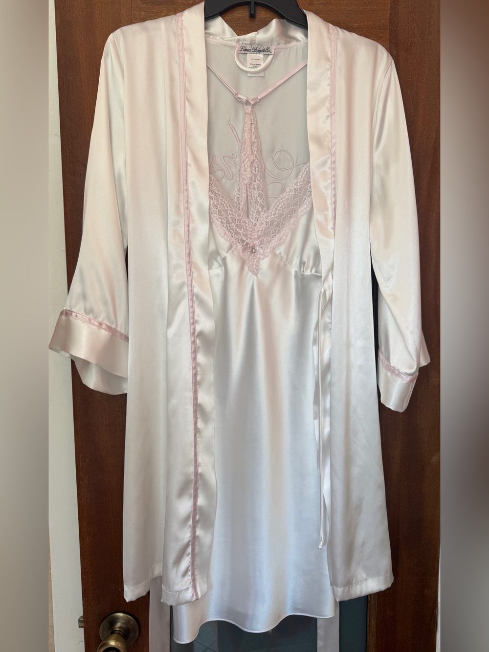 Linea Donatella Chemise Bridal Satin Set “Mrs” Belted Robe Pink Lace Gown-Sm